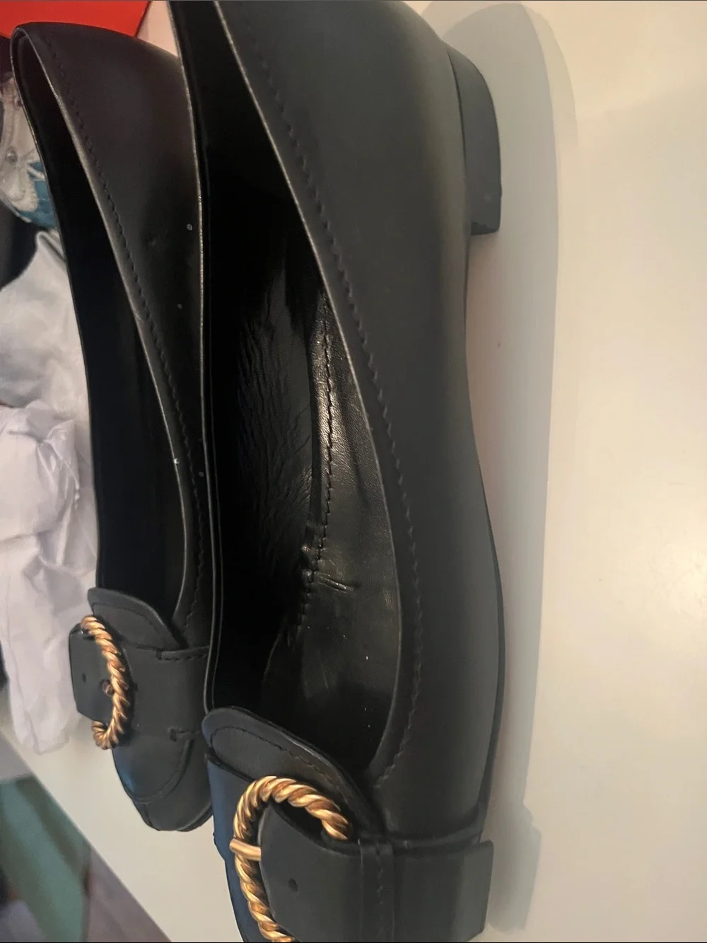 Miu Miu Black Leather Ballet Flats with Gold Rope Buckle